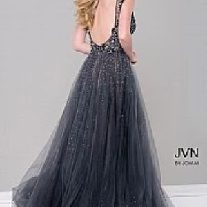 Jovani JVN46081 Charcoal Prom Dress Overskirt Pageant Gown Sheer